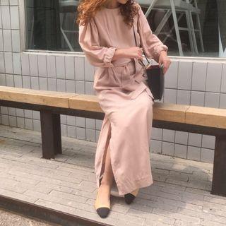 Long-sleeve Tie-waist Maxi Dress Nude Pink - One Size