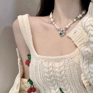 Heart Pendant Faux Pearl Alloy Necklace White & Green - One Size
