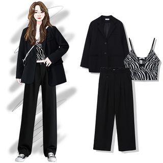 Plain Oversize Blazer / Printed Zebra Cropped Tank Top / High-waist Plain Wide Leg Pants