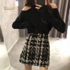 Cold Shoulder Knit Top / A-line Mini Tweed Skirt