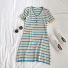 V-neck Striped Short-sleeve Knit Dress As Show In Figure - One Size