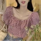 Puff-sleeve Gingham Blouse Plaid - White & Red - One Size