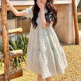 Short-sleeve Floral Midi A-line Dress Pink & Blue & Green & White - One Size