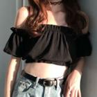 Short-sleeve Off-shoulder Knit Crop Top Black - One Size