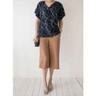 V-neck Short-sleeve Patterned Blouse