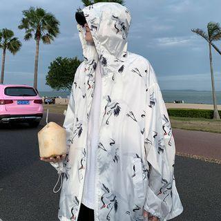 Couple Matching Crane Print Hooded Zip Jacket