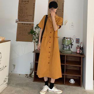 Short-sleeve A-line Shirt Maxi Dress Curcumin - One Size
