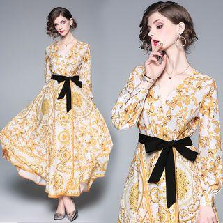 Printed V-neck Long-sleeve Maxi Dress