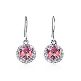 925 Sterling Silver Fashion Sparkling Round And Cube Earrings With Pink Austrian Element Crystal Silver - One Size