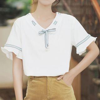 Short-sleeve Striped Trim Ribbon Top