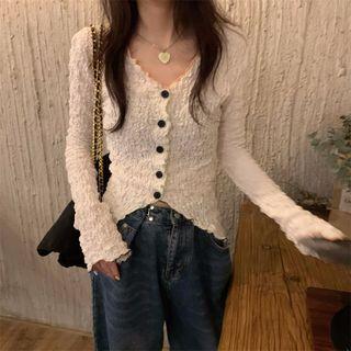Long-sleeve V-neck Ruched Cardigan White - One Size