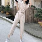 Elbow-sleeve Loose Fit Cargo Jumpsuit