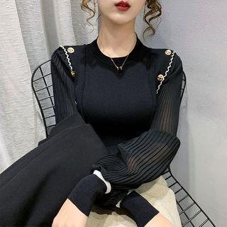Lantern-sleeve Contrast Trim Knit Top