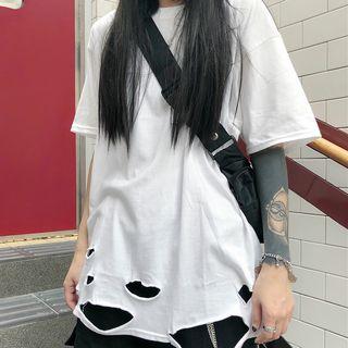 Short-sleeve Plain Ripped T-shirt