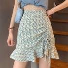 Drawstring Ruffle Hem Floral Mini A-line Skirt