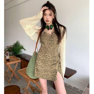 Plain Cropped Cardigan / Spaghetti Strap Leopard Mini Dress