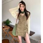 Plain Cropped Cardigan / Spaghetti Strap Leopard Mini Dress