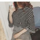 Elbow-sleeve Striped Knit T-shirt