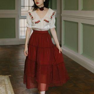 Set: Puff-sleeve Collared Flower Top + Midi A-line Skirt