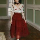 Set: Puff-sleeve Collared Flower Top + Midi A-line Skirt