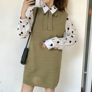 Heart Print Collared Blouse / Sleeveless Mini Knit Dress