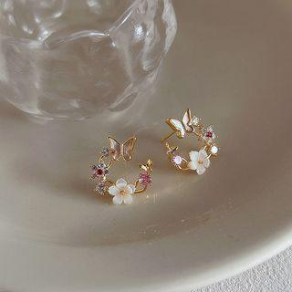 Butterfly Flower Shell Rhinestone Alloy Earring 1 Pair - Gold & White & Pink - One Size