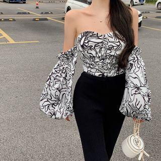 Bishop-sleeve Off-shoulder Floral Print Top