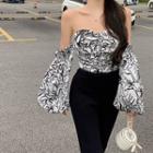 Bishop-sleeve Off-shoulder Floral Print Top