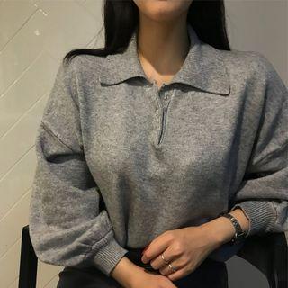 Lantern-sleeve Polo Sweater