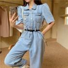 Short-sleeve Washed Denim Jumpsuit