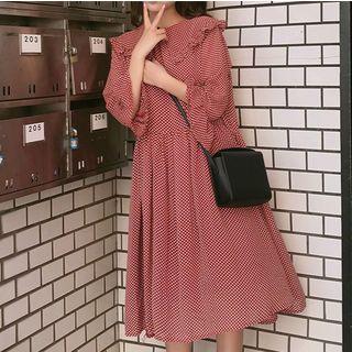 Frill Trim Dotted 3/4 Sleeve Dress