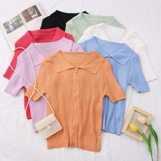 Collared Zipper Knit Top In 7 Colors