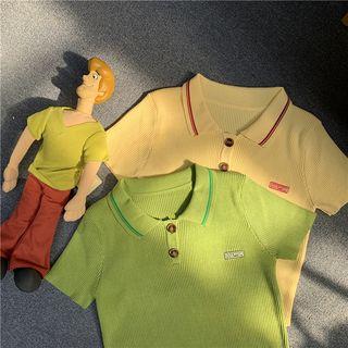 Short-sleeve Striped Trim Placket Top