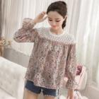 Lace Panel Printed Long-sleeve Top