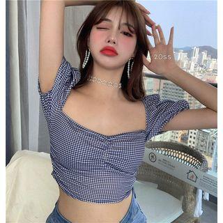 Cap-sleeve Plaid Top Blue - One Size