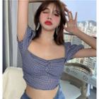 Cap-sleeve Plaid Top Blue - One Size
