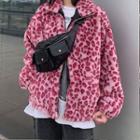 Front Pocket Leopard Fleece Zip Jacket