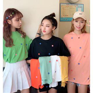 Elbow-sleeve Floral-print T-shirt