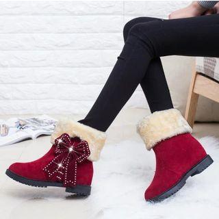 Faux Suede Rhinestone Ribbon Fluffy Cuff Ankle Boots