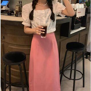 Short-sleeve Lace Crochet Top / Midi A-line Skirt