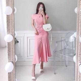 Slit-front Shirred Dress