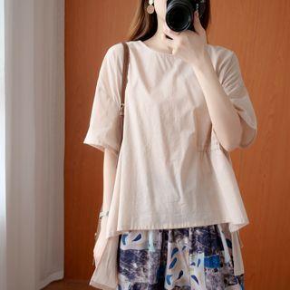 Plain Asymmetrical Semi Sleeve T Shirt Pink - F