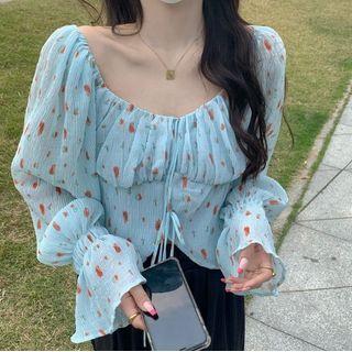 Long-sleeve Floral Cropped Blouse Light Blue - One Size