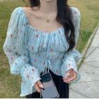 Long-sleeve Floral Cropped Blouse Light Blue - One Size