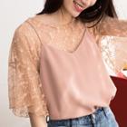 Set: Flower Embroidered Elbow Sleeve Mesh Top + Camisole Top