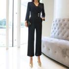 Long-sleeve Wide-leg Striped Jumpsuit