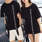 Couple Matching Lettering Applique Elbow Sleeve T-shirt