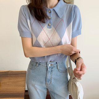 Short-sleeve Argyle-patterned Knit Top