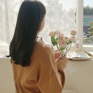 Puffed Long-sleeve Knit Top Camel - One Size