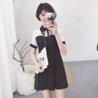 Mock Two Piece Color Panel Short Sleeve Collared Dress